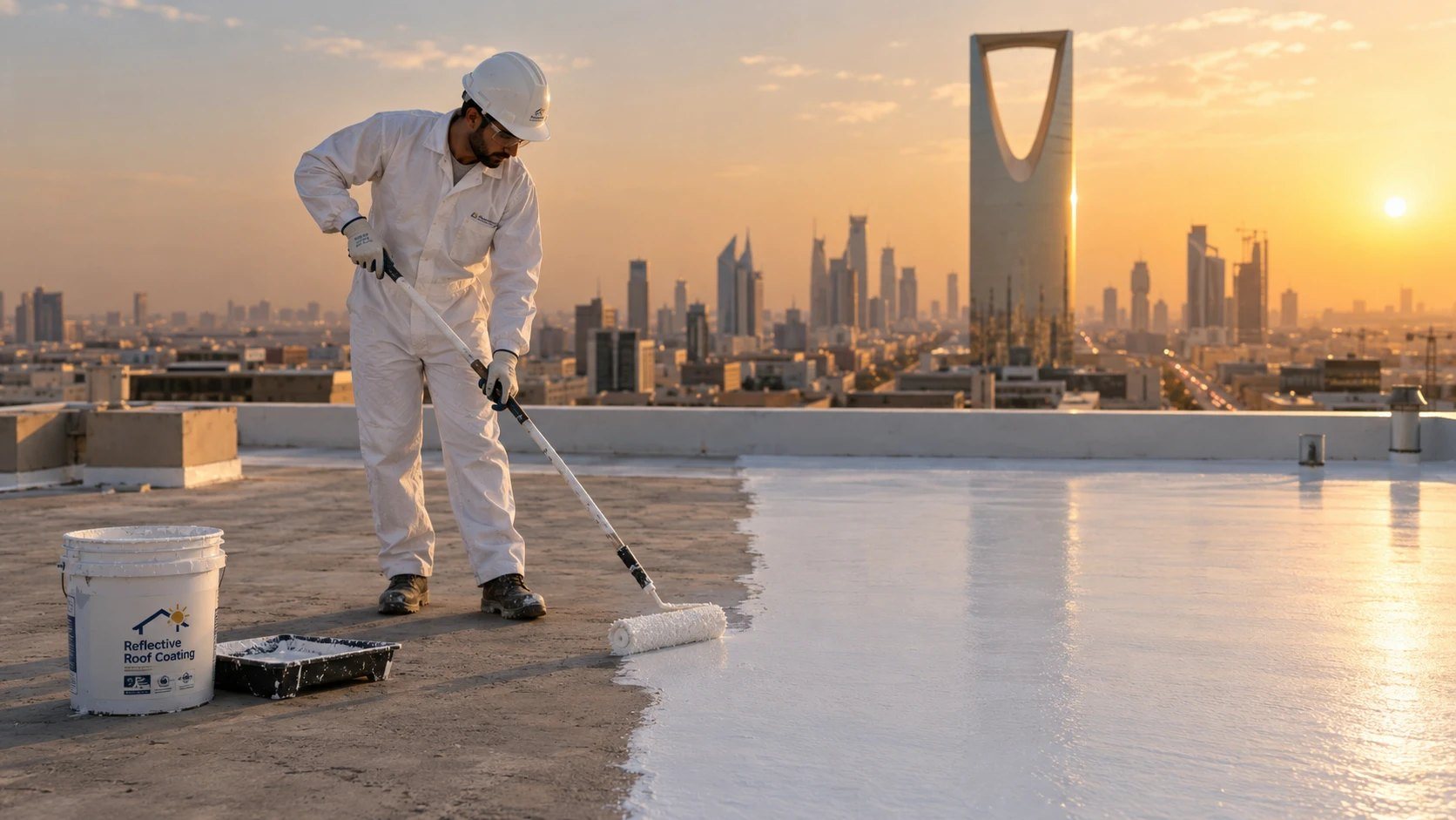 فني يعزل سطح مبنى في الرياض وخلفه برج المملكة